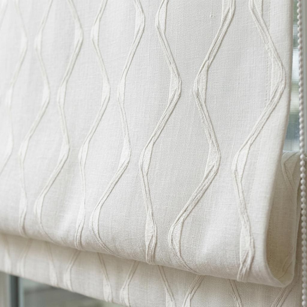 Ivory on Ivory Pure Linen Roman Shade, Tone-on-Tone Wavy Geometric Embroidered Custom Blind, Blackout or Light Filtering — image 1