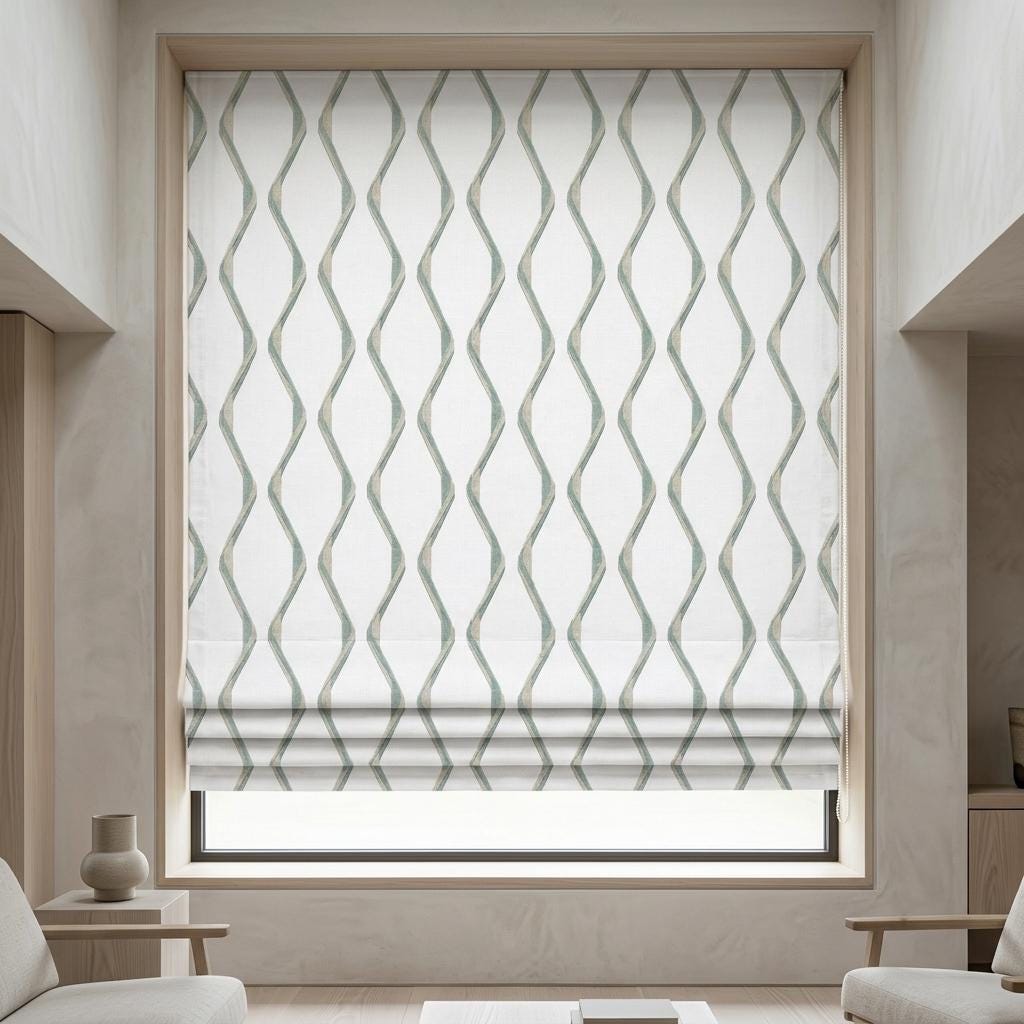 Ivory Spa Pure Linen Roman Shade, Sage Aqua Wavy Geometric Embroidered Custom Blind, Blackout or Light Filtering — image 1