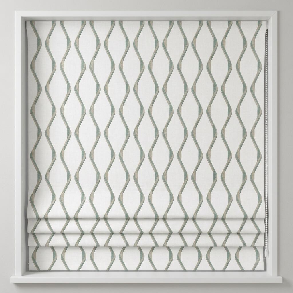 Ivory Spa Pure Linen Roman Shade, Sage Aqua Wavy Geometric Embroidered Custom Blind, Blackout or Light Filtering — image 5