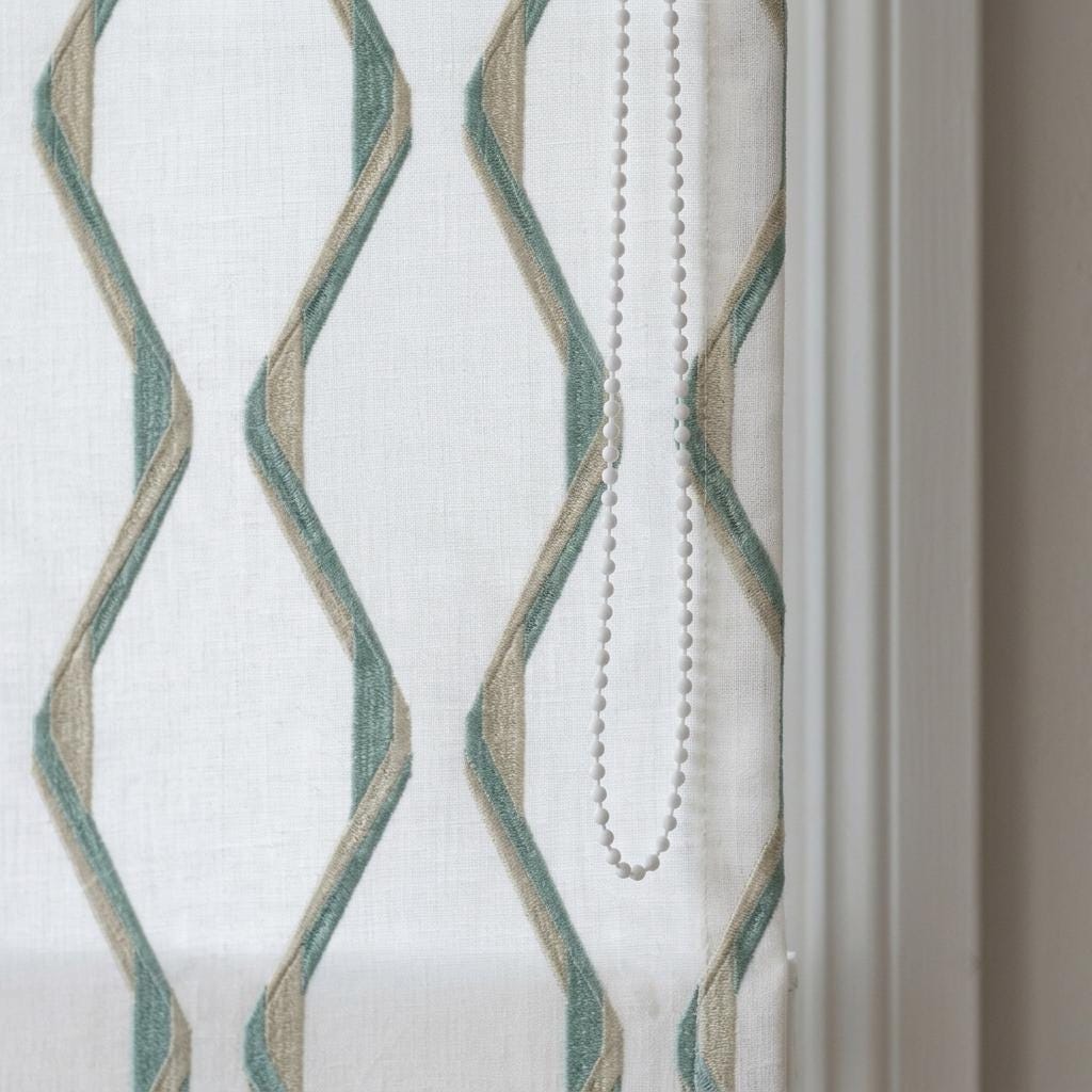 Ivory Spa Pure Linen Roman Shade, Sage Aqua Wavy Geometric Embroidered Custom Blind, Blackout or Light Filtering — image 9