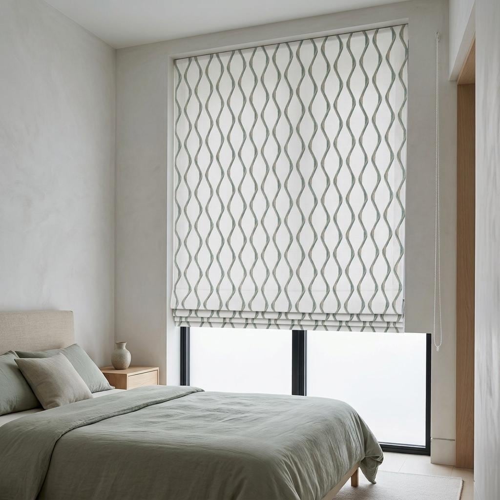 Ivory Spa Pure Linen Roman Shade, Sage Aqua Wavy Geometric Embroidered Custom Blind, Blackout or Light Filtering — image 7