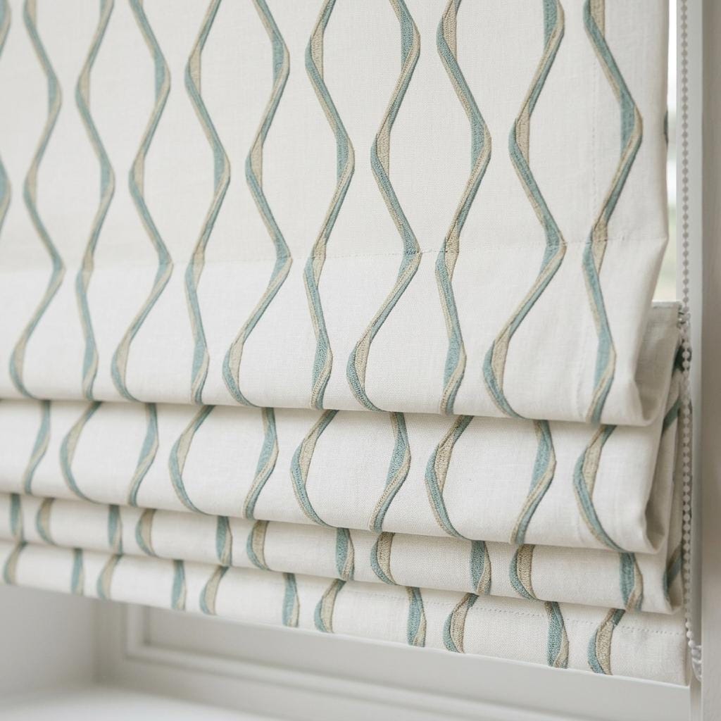 Ivory Spa Pure Linen Roman Shade, Sage Aqua Wavy Geometric Embroidered Custom Blind, Blackout or Light Filtering — image 1