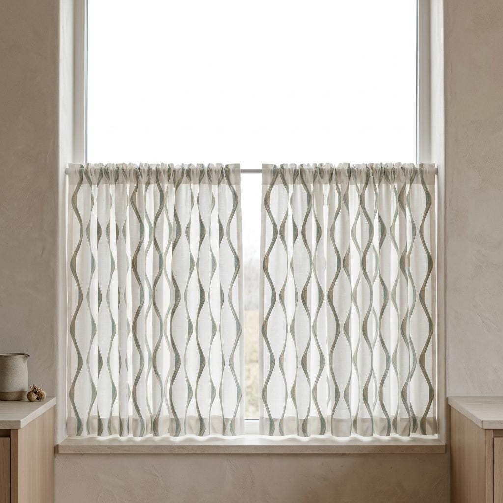 Ivory Spa Pure Linen Curtains, Seafoam Blue & Flax Ogee Trellis Embroidered Drapes, Custom Blackout or Light Filtering Panels — image 9