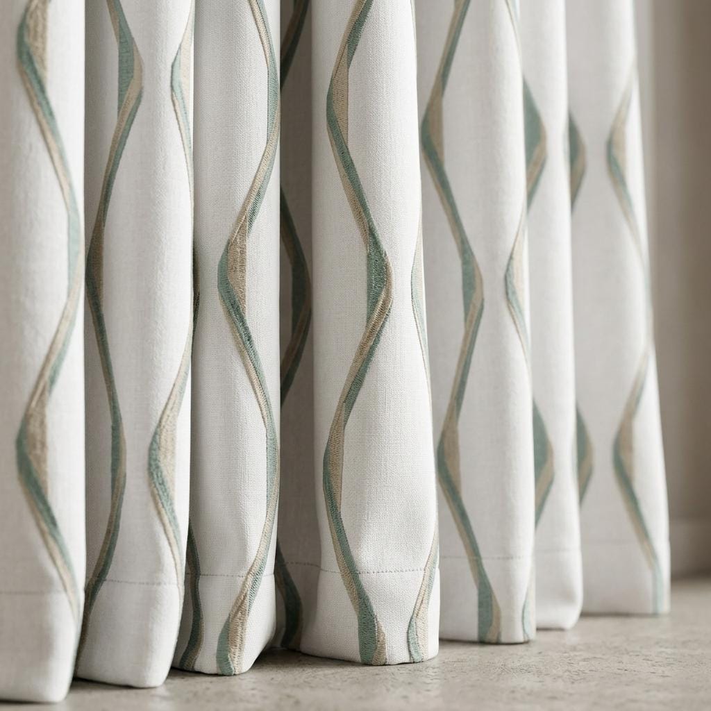 Ivory Spa Pure Linen Curtains, Seafoam Blue & Flax Ogee Trellis Embroidered Drapes, Custom Blackout or Light Filtering Panels — image 5
