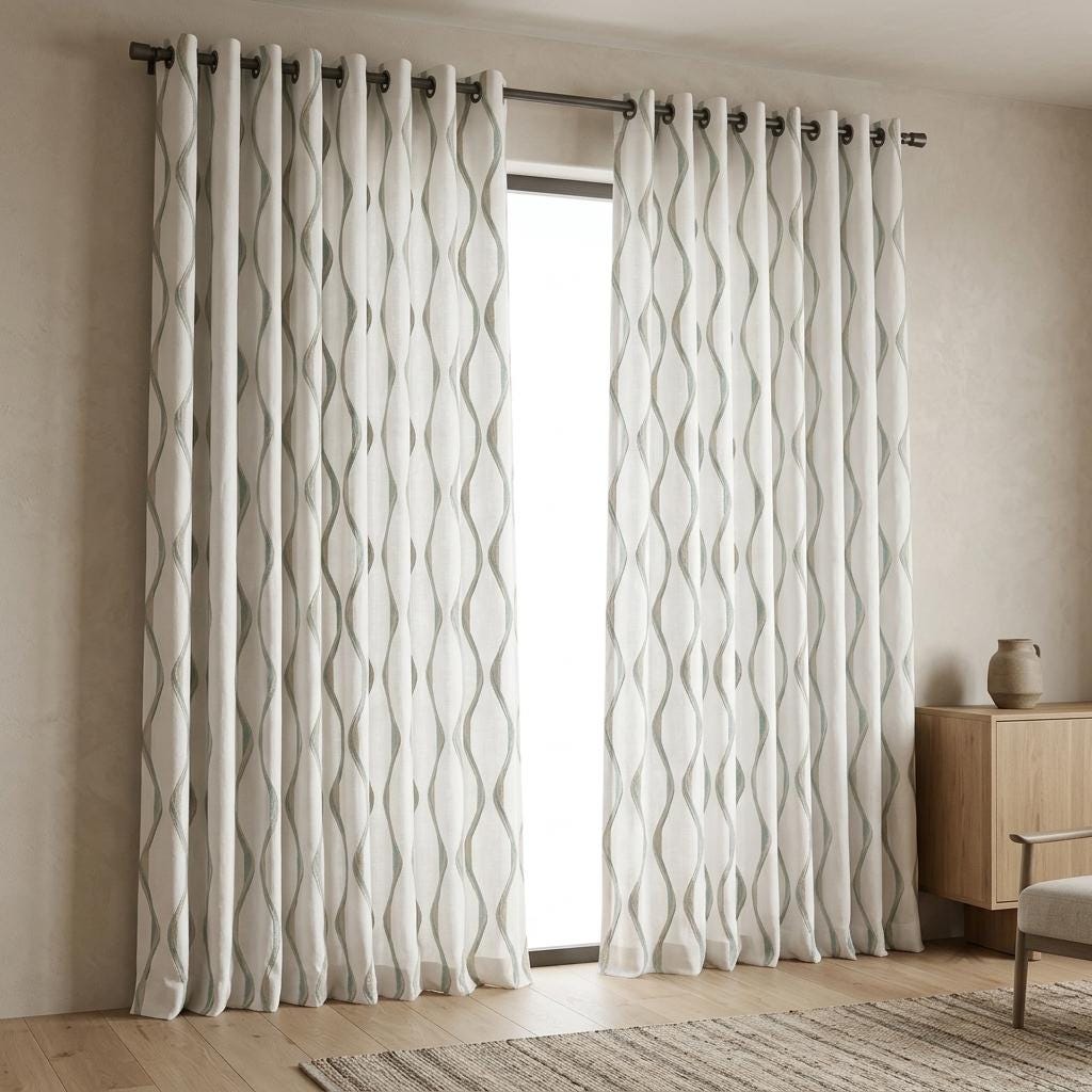 Ivory Spa Pure Linen Curtains, Seafoam Blue & Flax Ogee Trellis Embroidered Drapes, Custom Blackout or Light Filtering Panels — image 7
