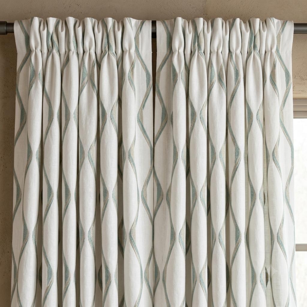 Ivory Spa Pure Linen Curtains, Seafoam Blue & Flax Ogee Trellis Embroidered Drapes, Custom Blackout or Light Filtering Panels — image 10