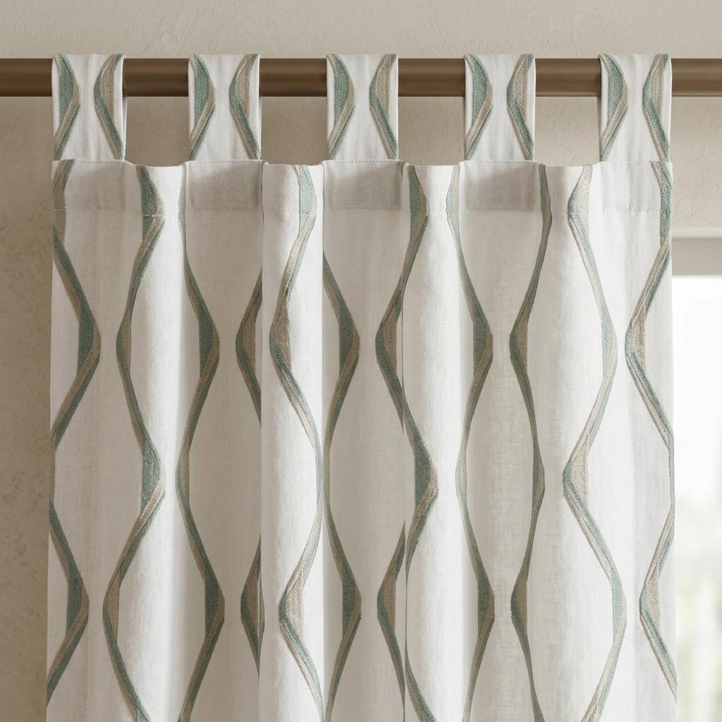 Ivory Spa Pure Linen Curtains, Seafoam Blue & Flax Ogee Trellis Embroidered Drapes, Custom Blackout or Light Filtering Panels — image 8