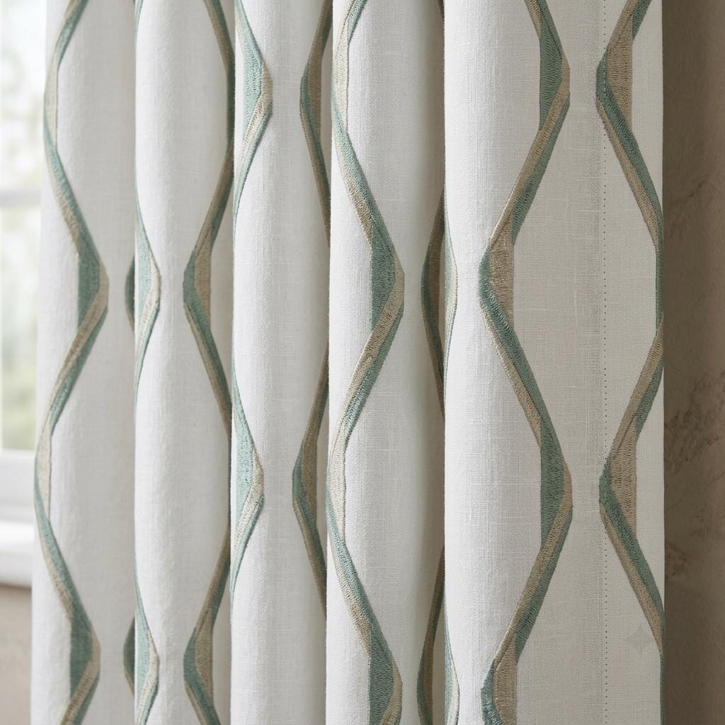 Ivory Spa Pure Linen Curtains, Seafoam Blue & Flax Ogee Trellis Embroidered Drapes, Custom Blackout or Light Filtering Panels — image 4