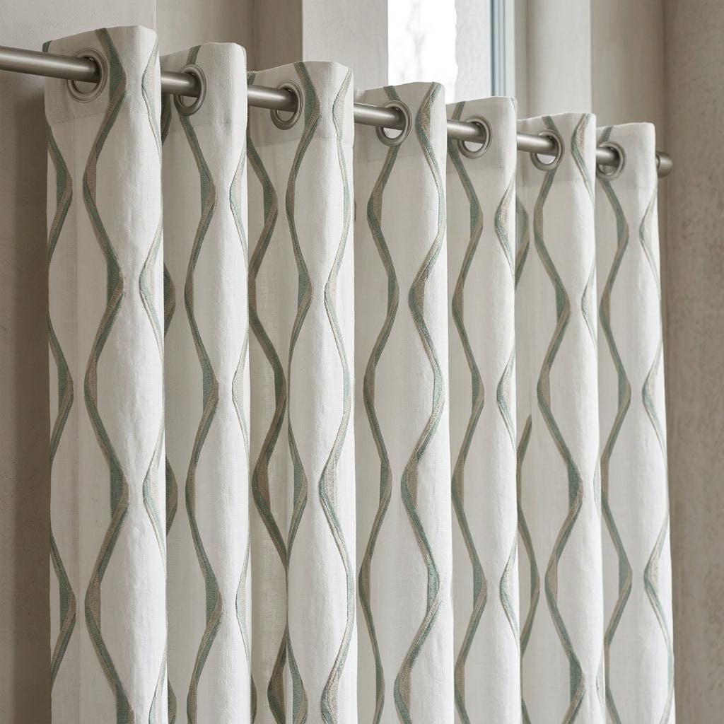 Ivory Spa Pure Linen Curtains, Seafoam Blue & Flax Ogee Trellis Embroidered Drapes, Custom Blackout or Light Filtering Panels — image 3