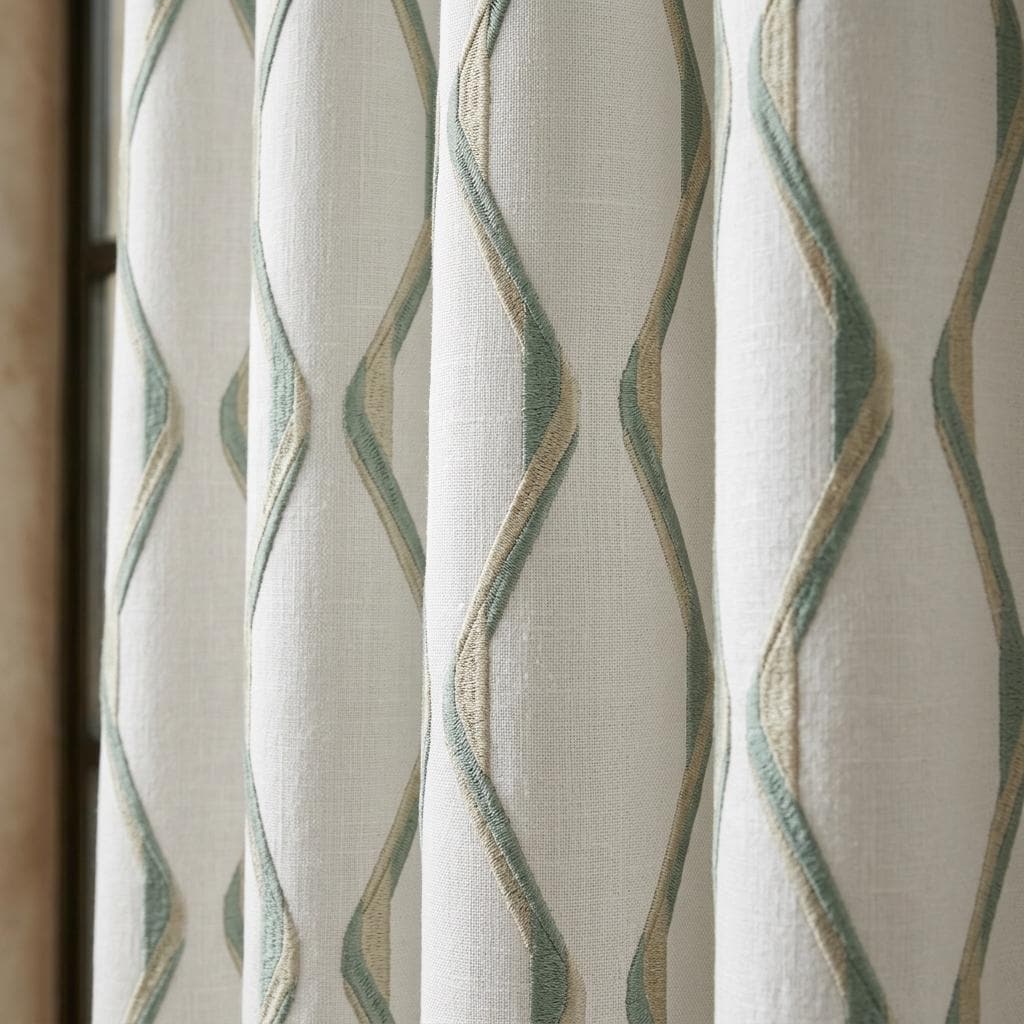 Ivory Spa Pure Linen Curtains, Seafoam Blue & Flax Ogee Trellis Embroidered Drapes, Custom Blackout or Light Filtering Panels — image 1