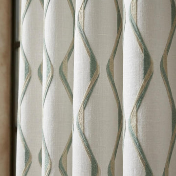 Ivory Spa Pure Linen Curtains, Seafoam Blue & Flax Ogee Trellis Embroidered Drapes, Custom Blackout or Light Filtering Panels — image 1