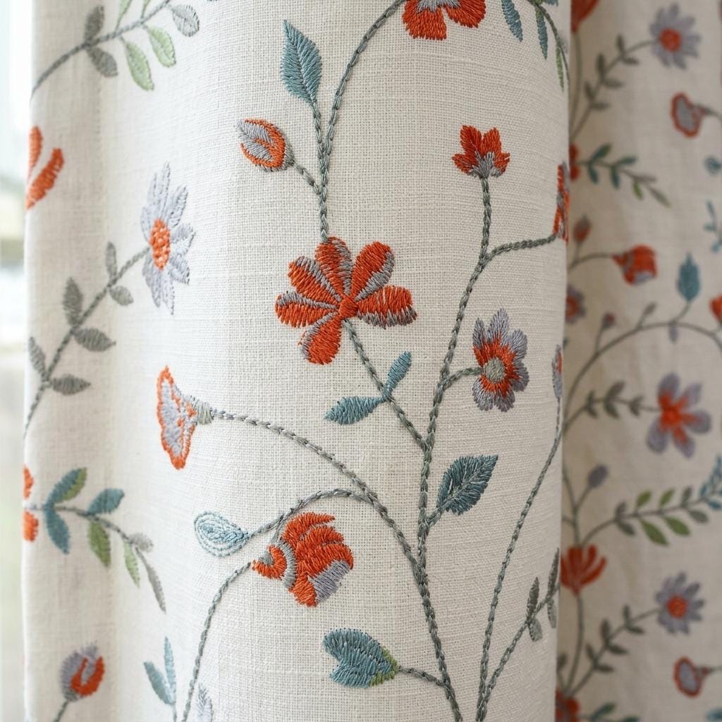 Ivory Pure Linen Embroidered Curtains, Burnt Orange Blue Floral Vine Drapes, Custom Extra Long Blackout Panels — image 10