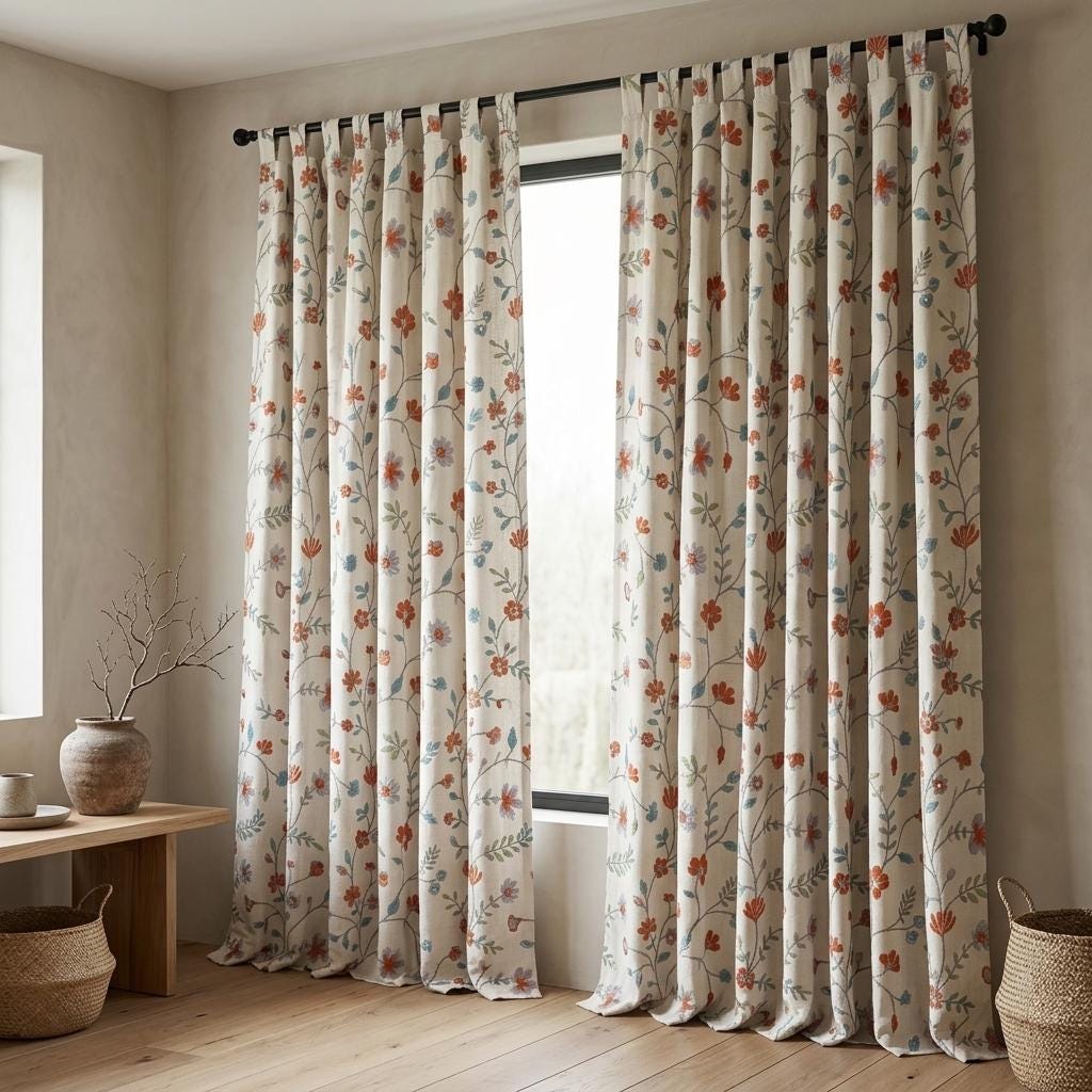 Ivory Pure Linen Embroidered Curtains, Burnt Orange Blue Floral Vine Drapes, Custom Extra Long Blackout Panels — image 3