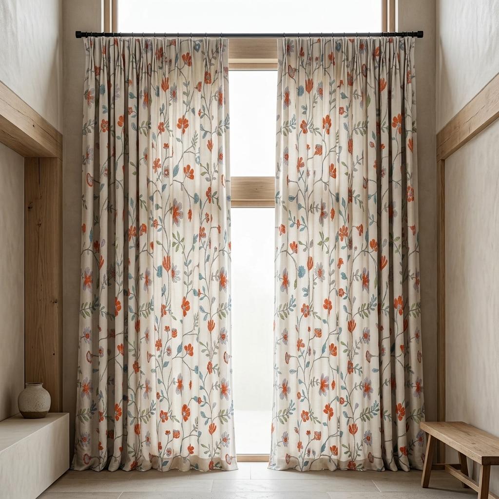 Ivory Pure Linen Embroidered Curtains, Burnt Orange Blue Floral Vine Drapes, Custom Extra Long Blackout Panels — image 7