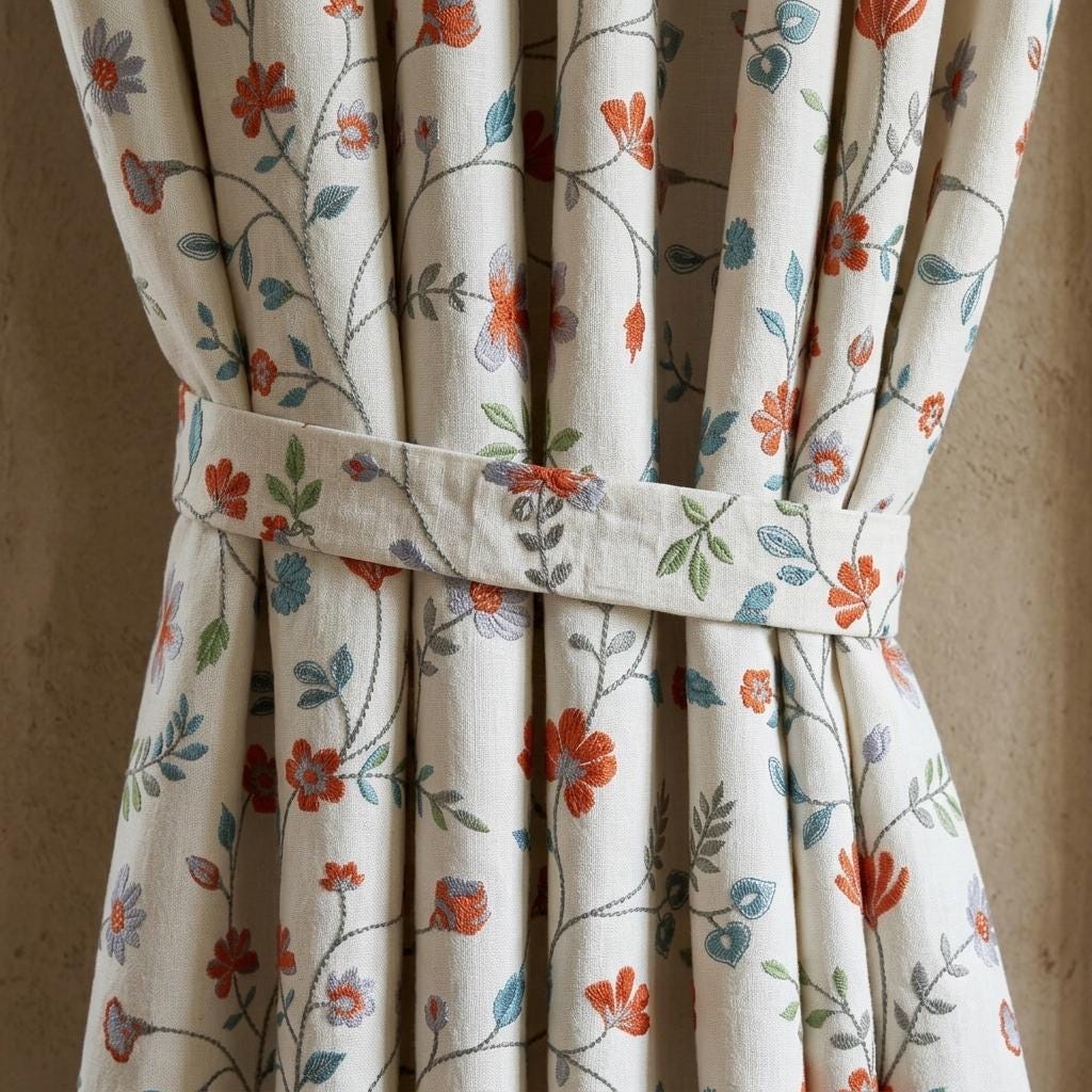 Ivory Pure Linen Embroidered Curtains, Burnt Orange Blue Floral Vine Drapes, Custom Extra Long Blackout Panels — image 2