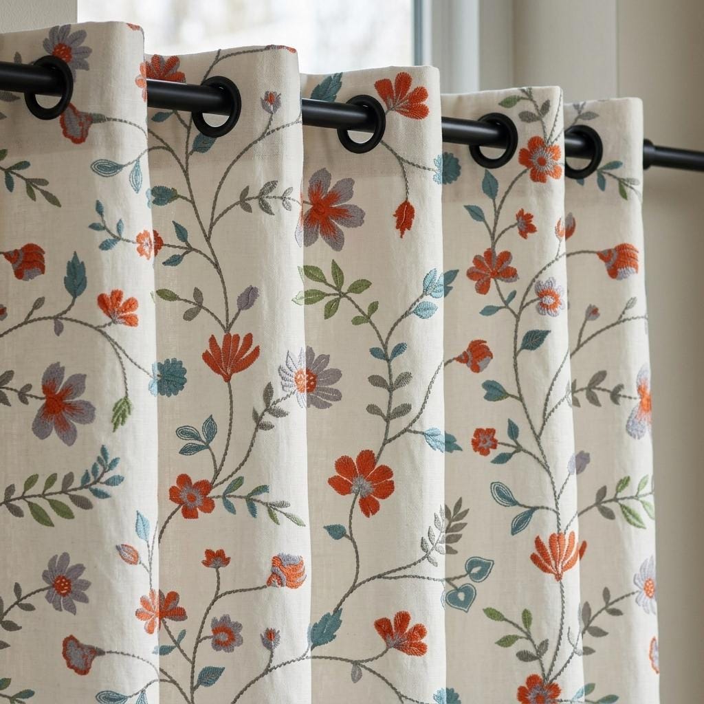 Ivory Pure Linen Embroidered Curtains, Burnt Orange Blue Floral Vine Drapes, Custom Extra Long Blackout Panels — image 8