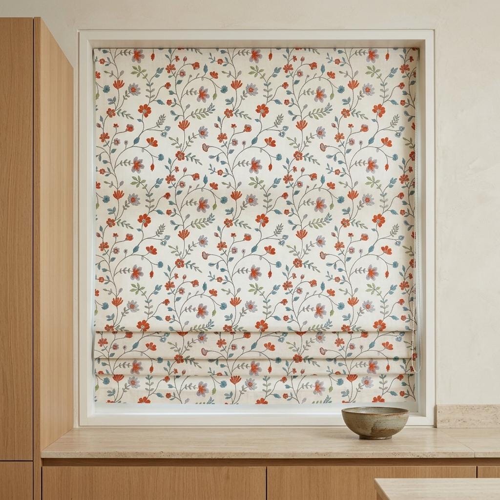 Ivory Linen Roman Shade, Orange Blue Embroidered Wildflower Vine, Custom Blackout or Light Filtering Window Blind — image 1