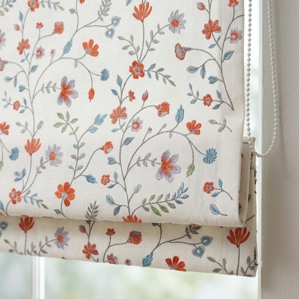 Ivory Linen Roman Shade, Orange Blue Embroidered Wildflower Vine, Custom Blackout or Light Filtering Window Blind — image 1