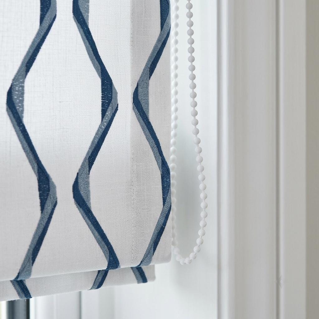 White Navy Linen Roman Shade, Blue Wavy Geometric Embroidered Custom Blind, Blackout or Light Filtering Window Shade — image 6