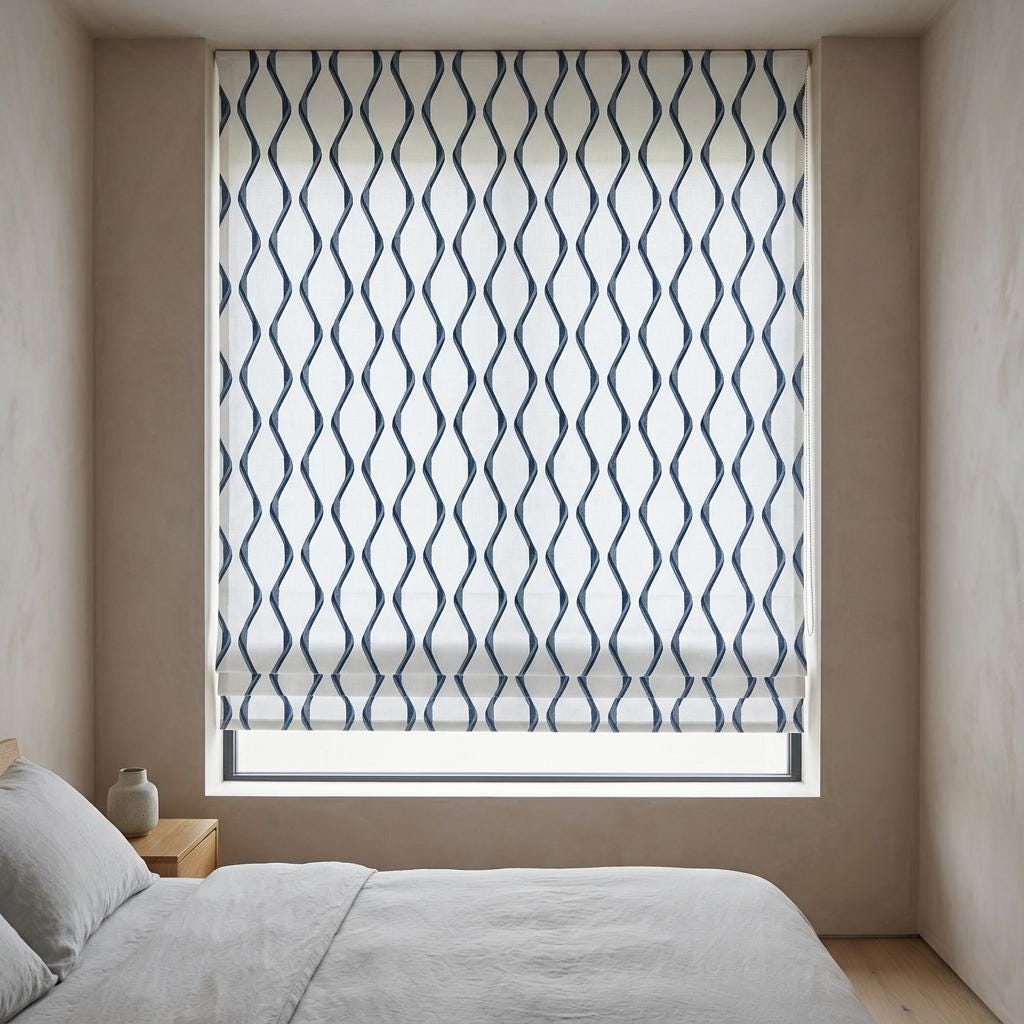 White Navy Linen Roman Shade, Blue Wavy Geometric Embroidered Custom Blind, Blackout or Light Filtering Window Shade — image 5