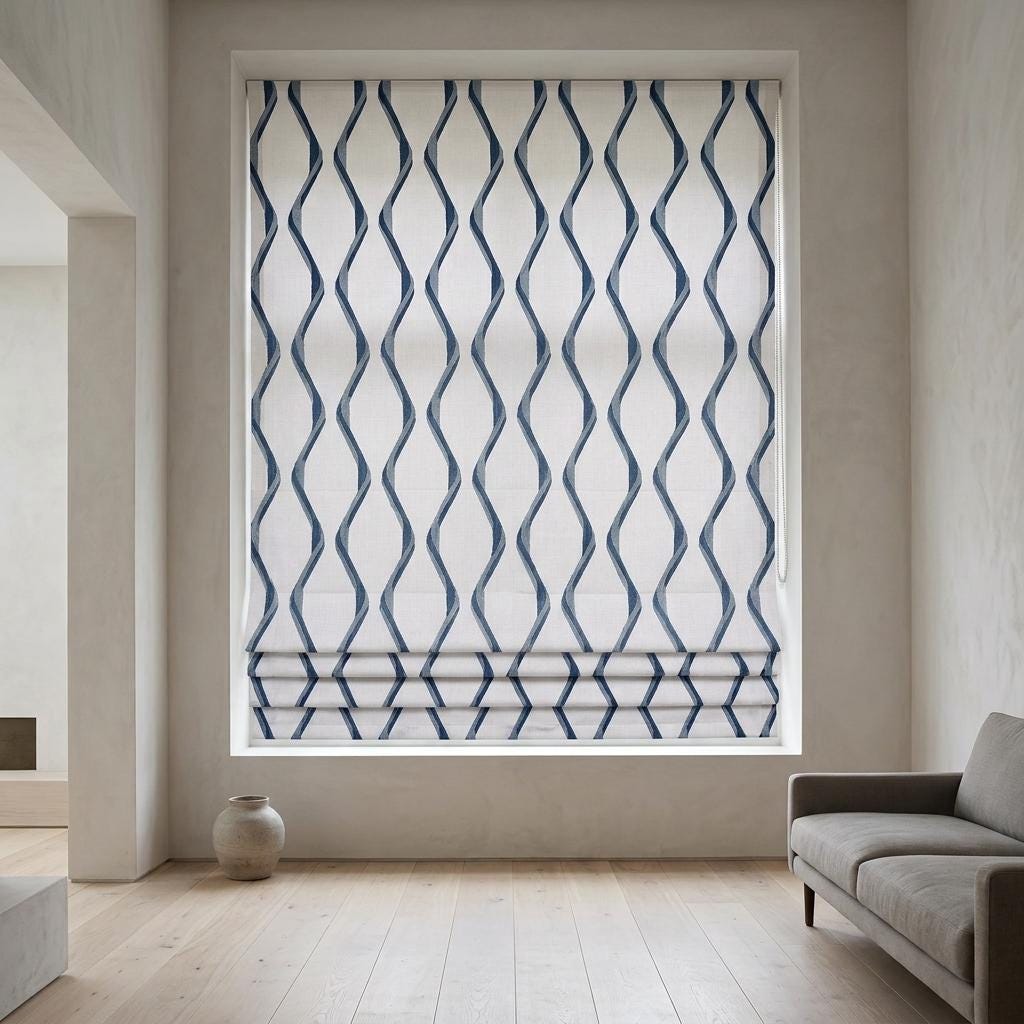 White Navy Linen Roman Shade, Blue Wavy Geometric Embroidered Custom Blind, Blackout or Light Filtering Window Shade — image 7