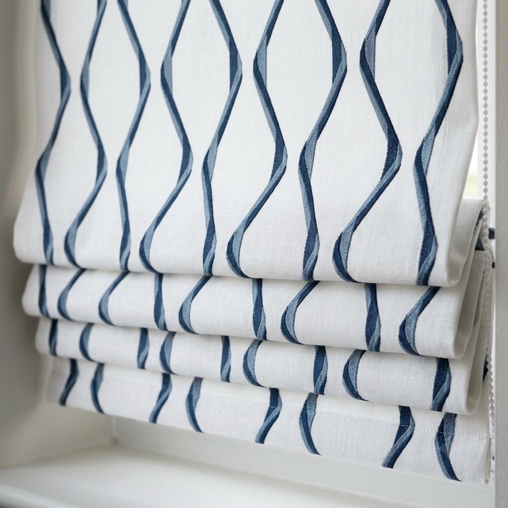 White Navy Linen Roman Shade, Blue Wavy Geometric Embroidered Custom Blind, Blackout or Light Filtering Window Shade — image 1