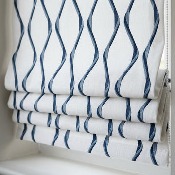 White Navy Linen Roman Shade, Blue Wavy Geometric Embroidered Custom Blind, Blackout or Light Filtering Window Shade — image 1