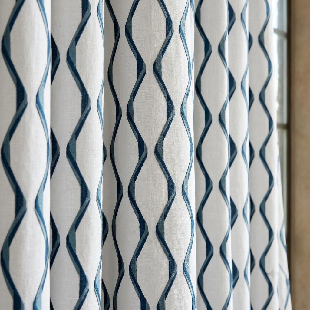 White & Navy Pure Linen Curtains, Blue Ogee Trellis Embroidered Drapes, Custom Blackout or Light Filtering Panels — image 1