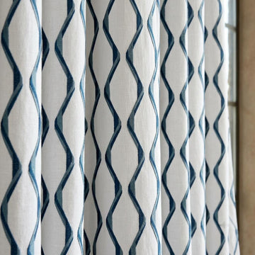 White & Navy Pure Linen Curtains, Blue Ogee Trellis Embroidered Drapes, Custom Blackout or Light Filtering Panels — image 1