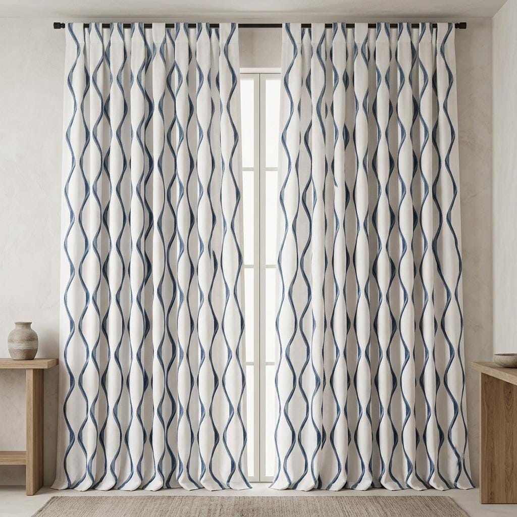 White & Navy Pure Linen Curtains, Blue Ogee Trellis Embroidered Drapes, Custom Blackout or Light Filtering Panels — image 4