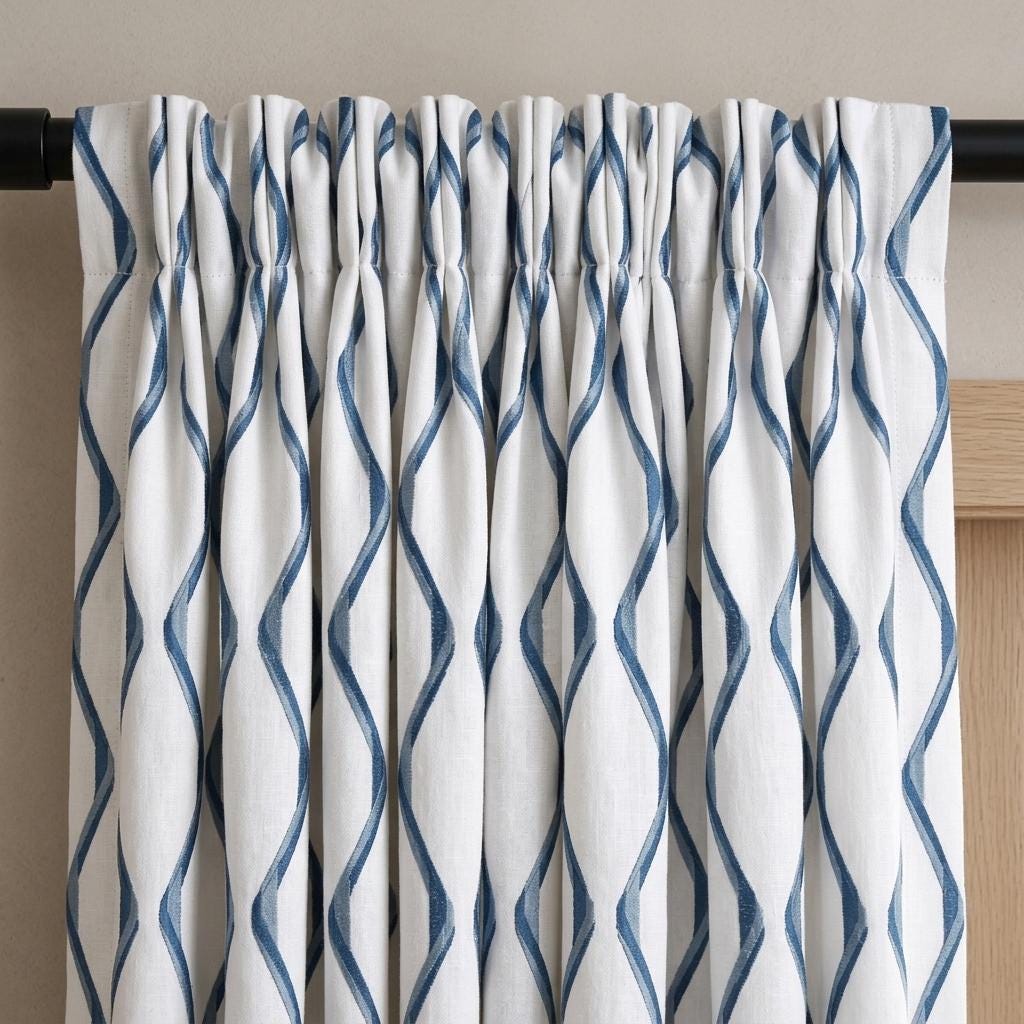 White & Navy Pure Linen Curtains, Blue Ogee Trellis Embroidered Drapes, Custom Blackout or Light Filtering Panels — image 8