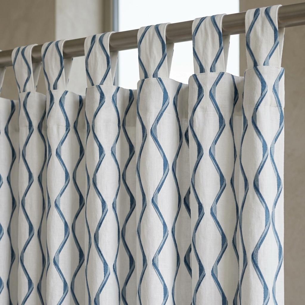 White & Navy Pure Linen Curtains, Blue Ogee Trellis Embroidered Drapes, Custom Blackout or Light Filtering Panels — image 5