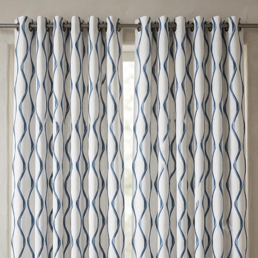 White & Navy Pure Linen Curtains, Blue Ogee Trellis Embroidered Drapes, Custom Blackout or Light Filtering Panels — image 7
