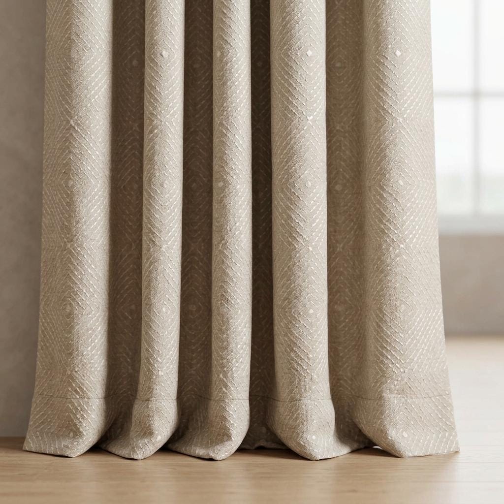 Seminatural Pearl Pure Linen Curtains, Greige & White Diamond Embroidered Drapes, Custom Blackout or Light Filtering Panels — image 10