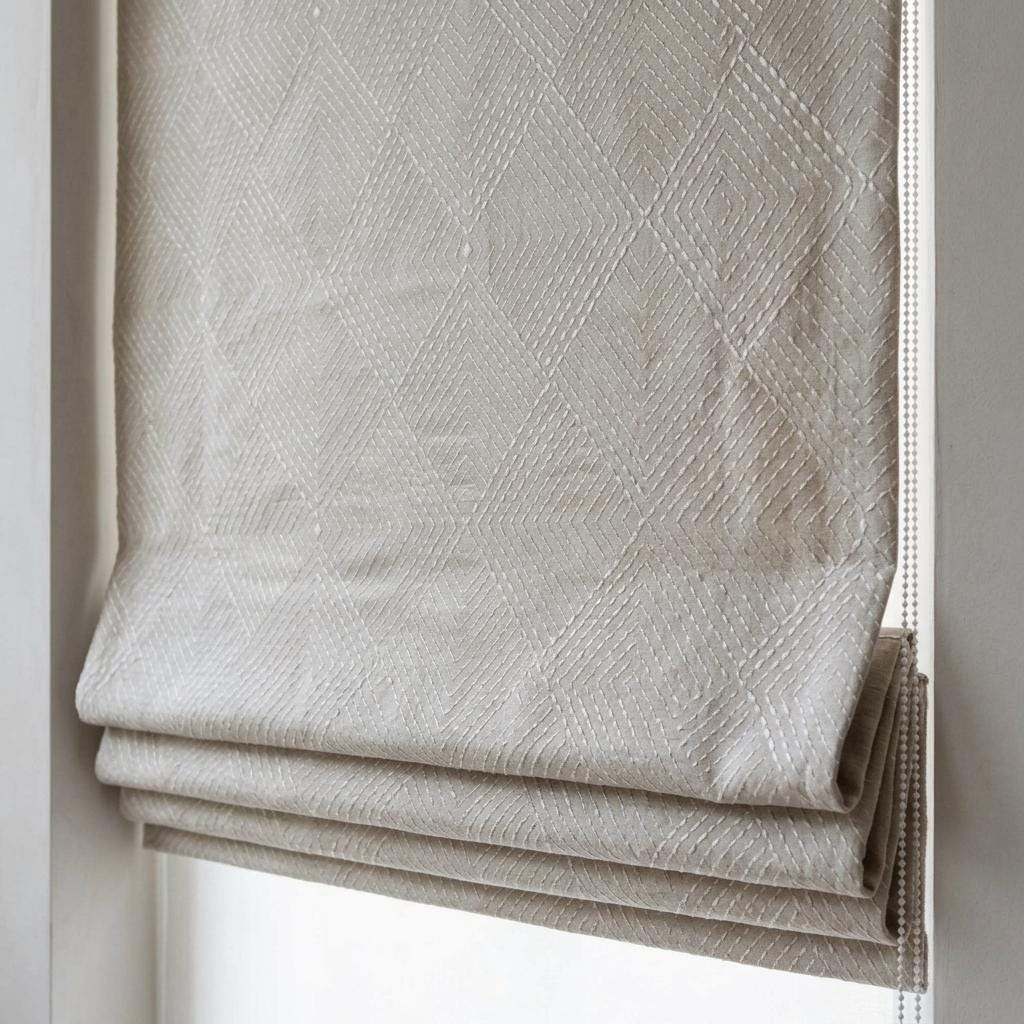 Seminatural Pearl Linen Roman Shade, White Diamond Geometric Embroidered Blind, Blackout or Light Filtering — image 3