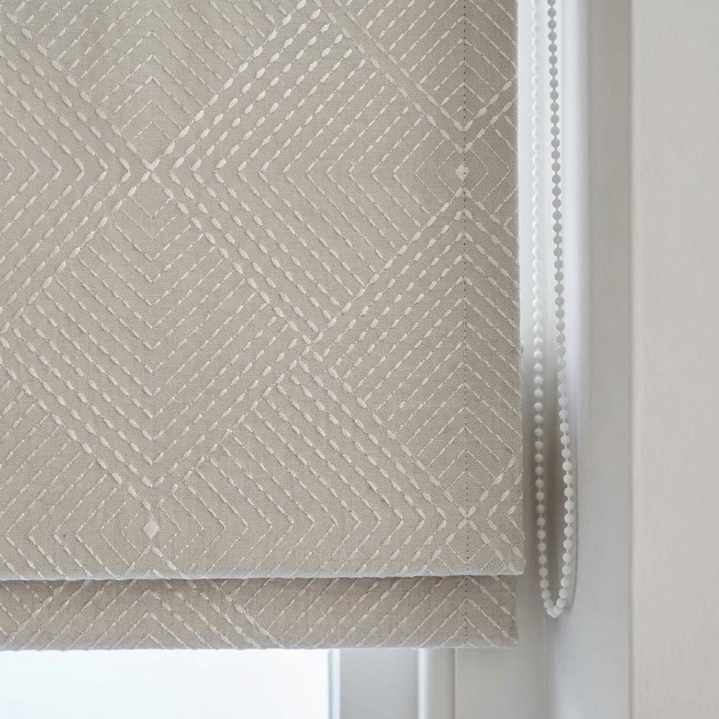 Seminatural Pearl Linen Roman Shade, White Diamond Geometric Embroidered Blind, Blackout or Light Filtering — image 6
