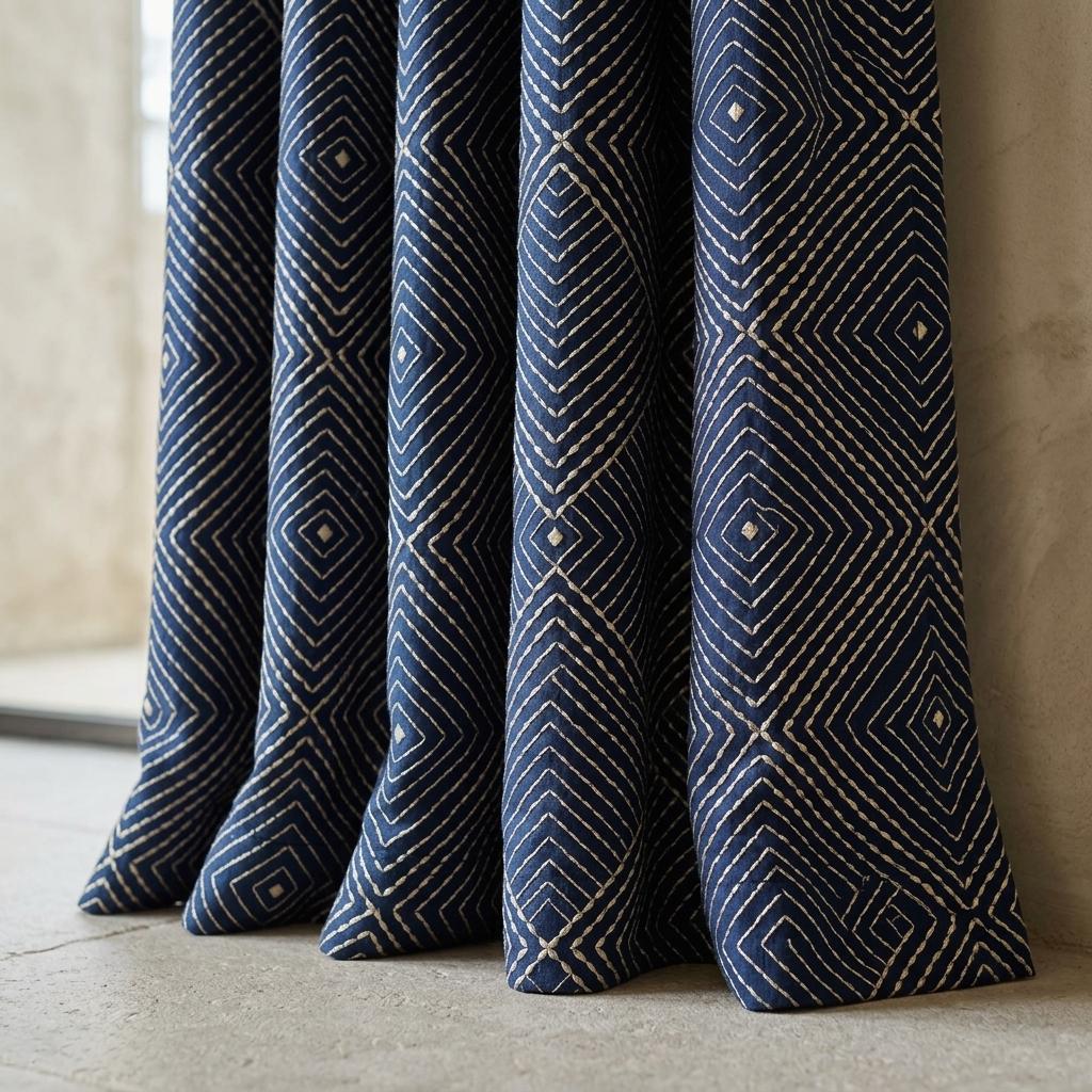 Navy Gold Pure Linen Curtains, Ivory Champagne Diamond Embroidered Drapes, Custom Blackout or Light Filtering Panels — image 5