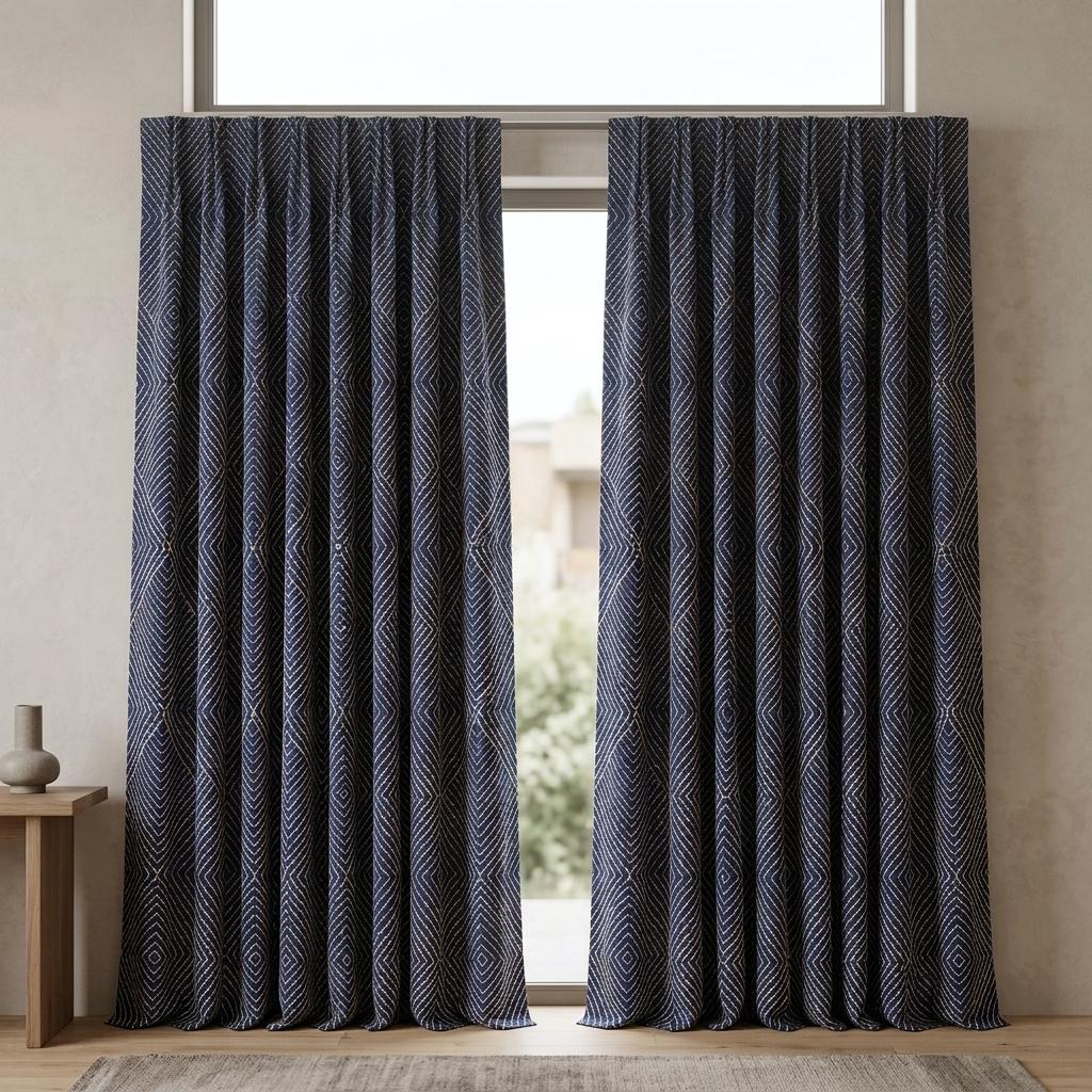 Navy Gold Pure Linen Curtains, Ivory Champagne Diamond Embroidered Drapes, Custom Blackout or Light Filtering Panels — image 9