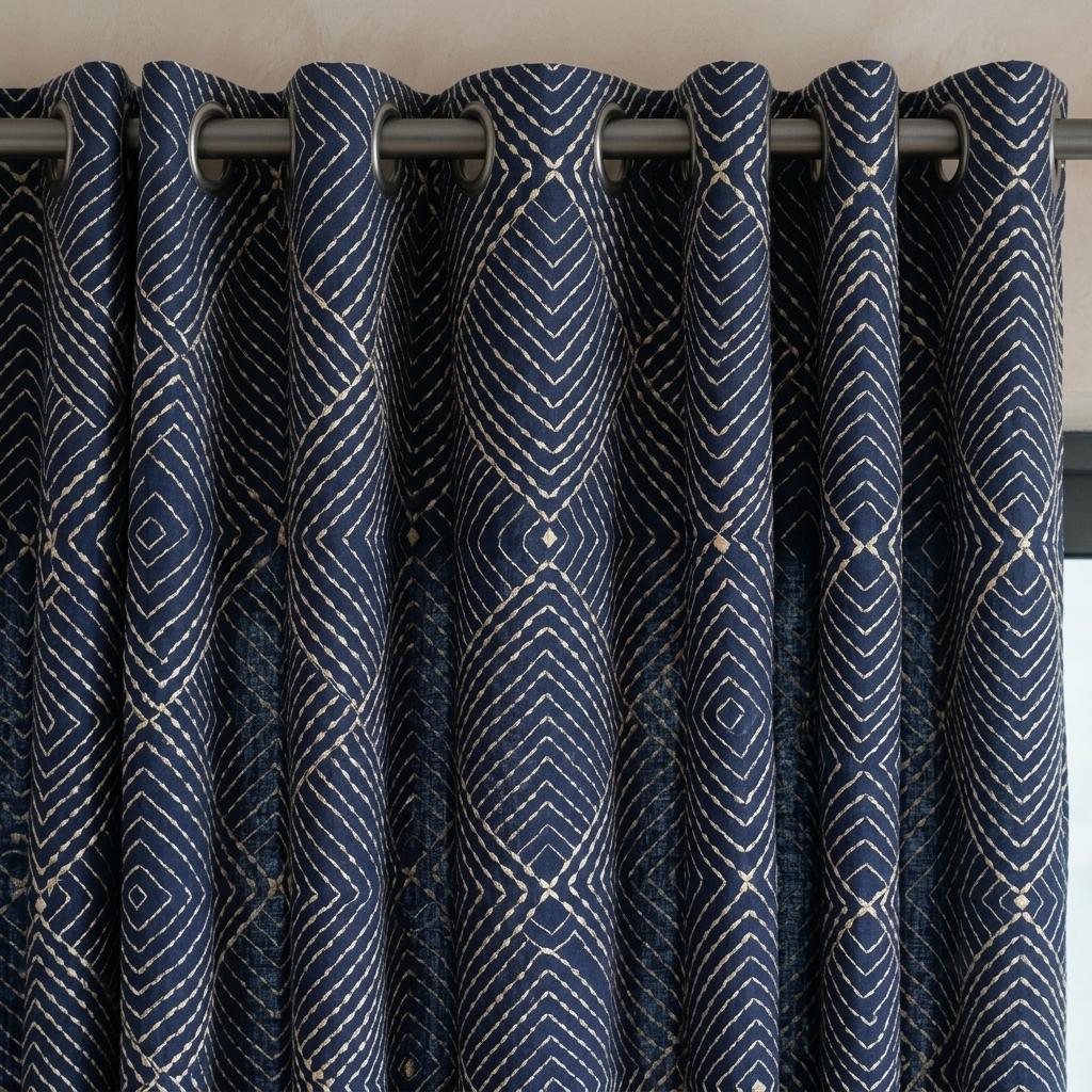 Navy Gold Pure Linen Curtains, Ivory Champagne Diamond Embroidered Drapes, Custom Blackout or Light Filtering Panels — image 3