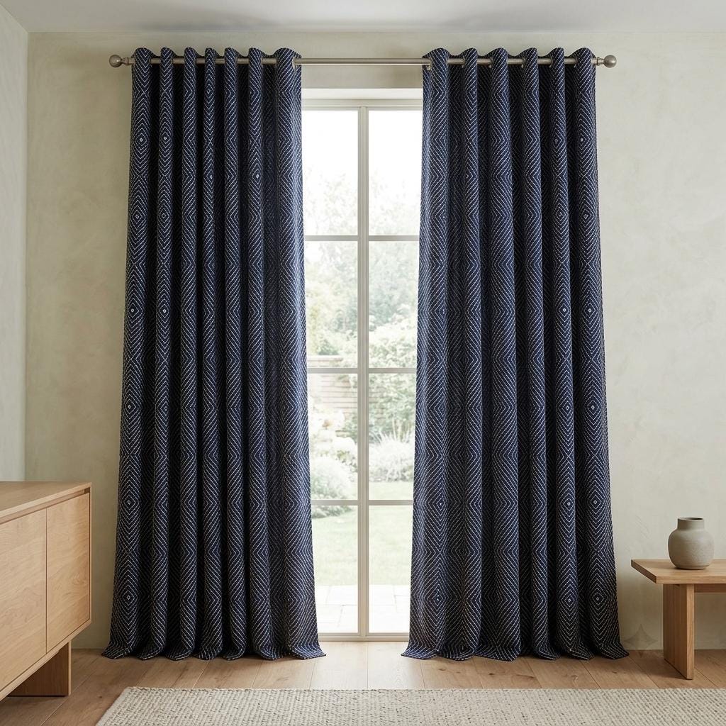 Navy Gold Pure Linen Curtains, Ivory Champagne Diamond Embroidered Drapes, Custom Blackout or Light Filtering Panels — image 6