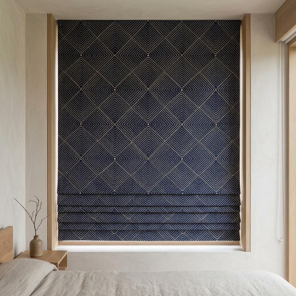 Navy Gold Pure Linen Roman Shade, Ivory Gold Geometric Diamond Embroidered Custom Blind, Blackout or Light Filtering — image 8
