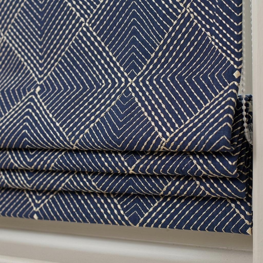 Navy Gold Pure Linen Roman Shade, Ivory Gold Geometric Diamond Embroidered Custom Blind, Blackout or Light Filtering — image 1