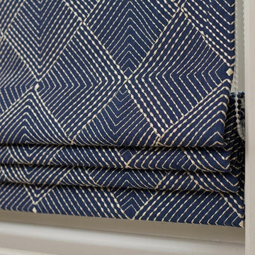 Navy Gold Pure Linen Roman Shade, Ivory Gold Geometric Diamond Embroidered Custom Blind, Blackout or Light Filtering — image 1