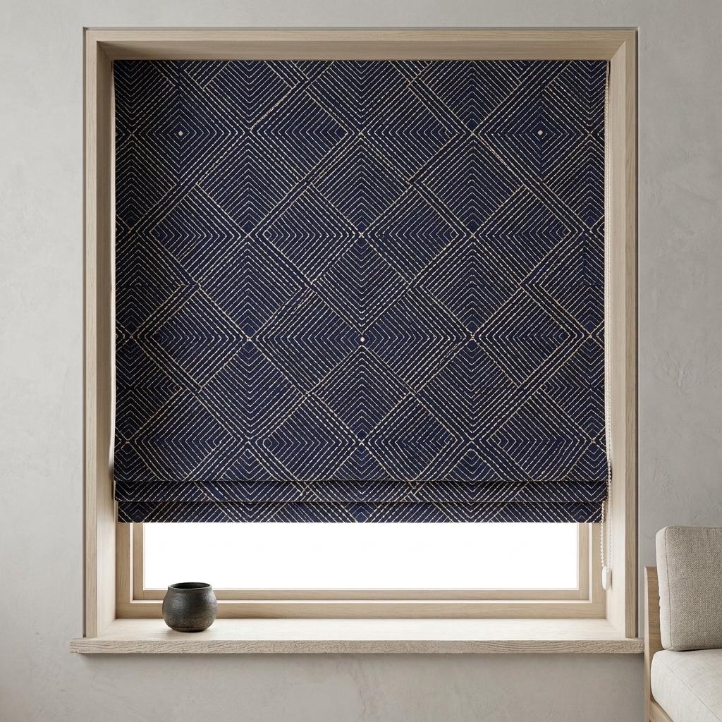 Navy Gold Pure Linen Roman Shade, Ivory Gold Geometric Diamond Embroidered Custom Blind, Blackout or Light Filtering — image 6
