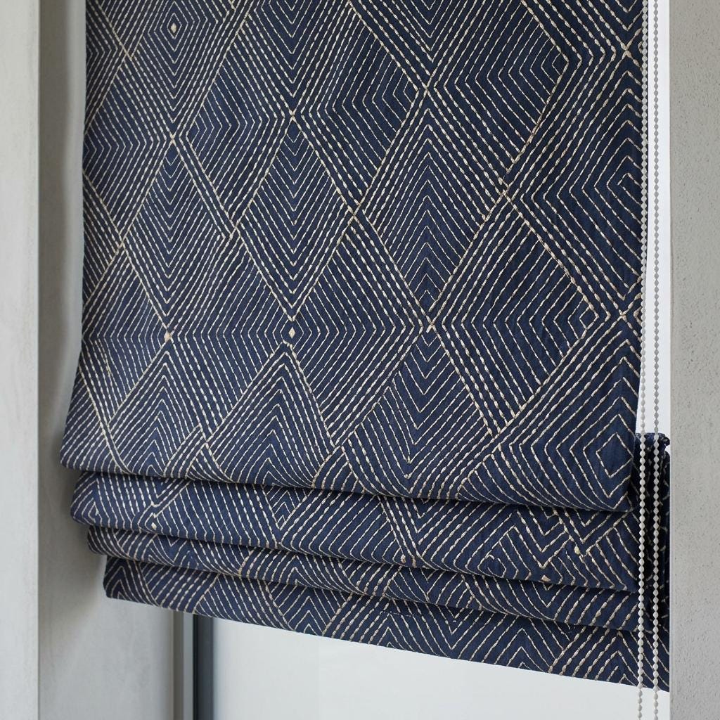 Navy Gold Pure Linen Roman Shade, Ivory Gold Geometric Diamond Embroidered Custom Blind, Blackout or Light Filtering — image 1