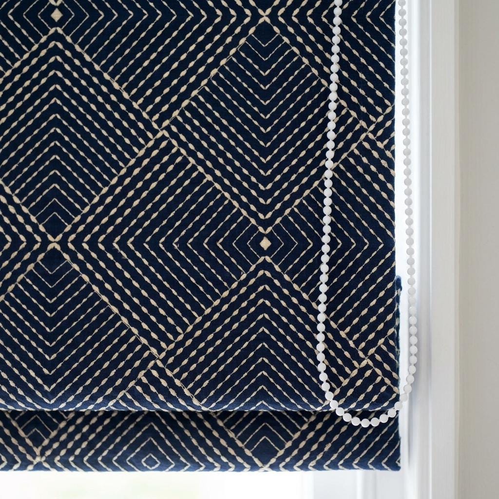 Navy Gold Pure Linen Roman Shade, Ivory Gold Geometric Diamond Embroidered Custom Blind, Blackout or Light Filtering — image 7