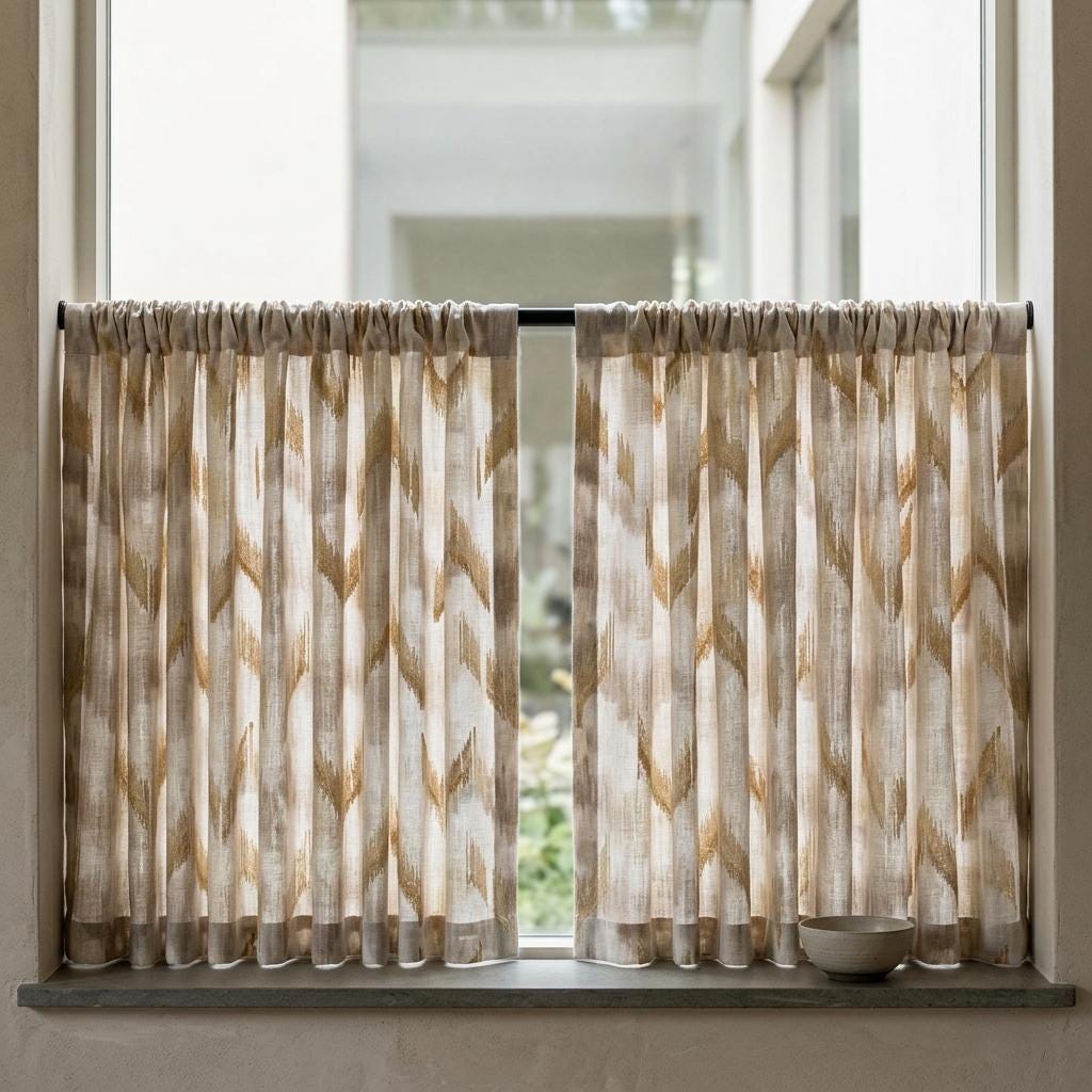 Ivory Pure Linen Embroidered Curtains, Champagne Gold Ikat Diamond Drapes, Custom Extra Long Blackout Panels — image 8