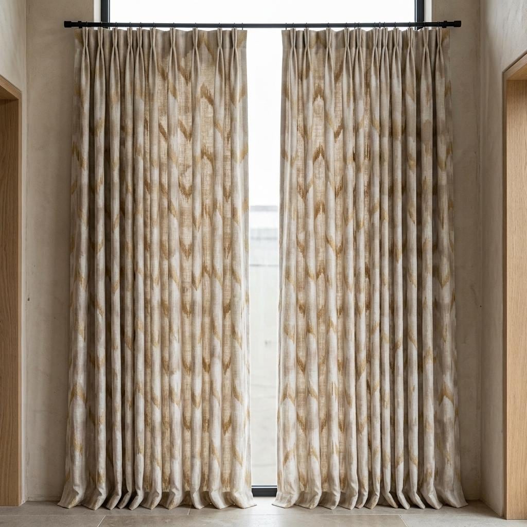 Ivory Pure Linen Embroidered Curtains, Champagne Gold Ikat Diamond Drapes, Custom Extra Long Blackout Panels — image 5