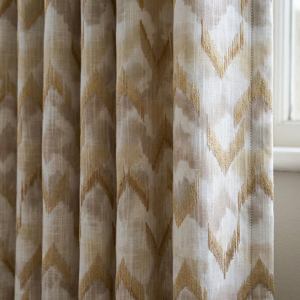 Ivory Pure Linen Embroidered Curtains, Champagne Gold Ikat Diamond Drapes, Custom Extra Long Blackout Panels — image 1
