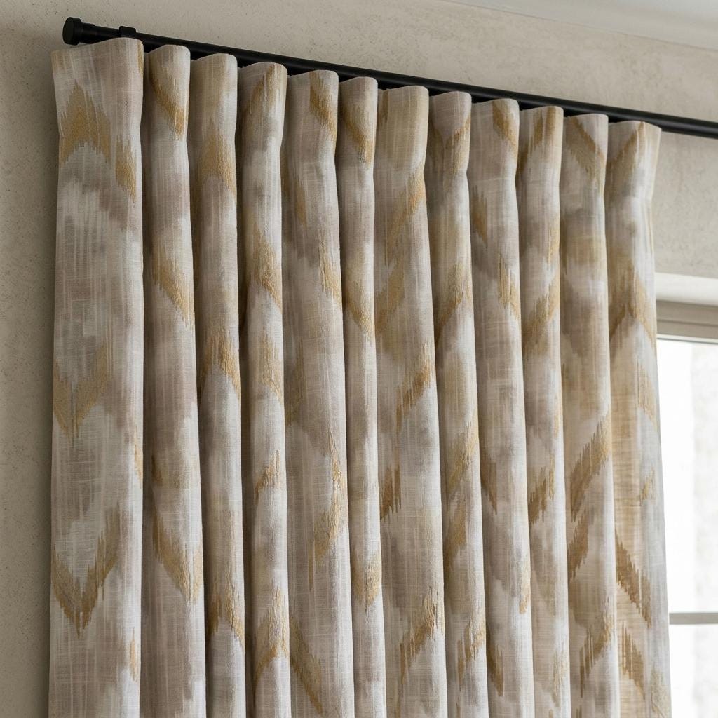 Ivory Pure Linen Embroidered Curtains, Champagne Gold Ikat Diamond Drapes, Custom Extra Long Blackout Panels — image 4